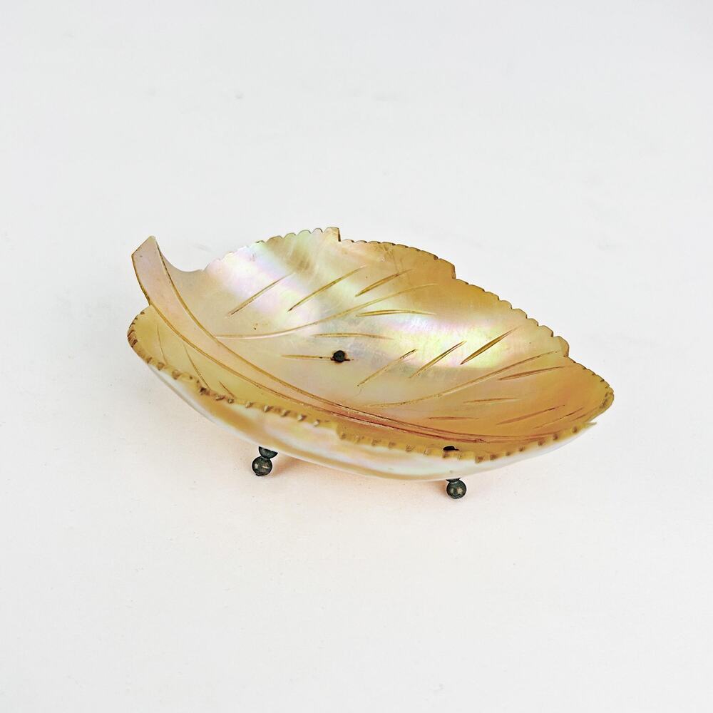 Vintage Mother of Pearl Shell Dish, Iridescent Leaf Trinket Dish, Vanity Decor